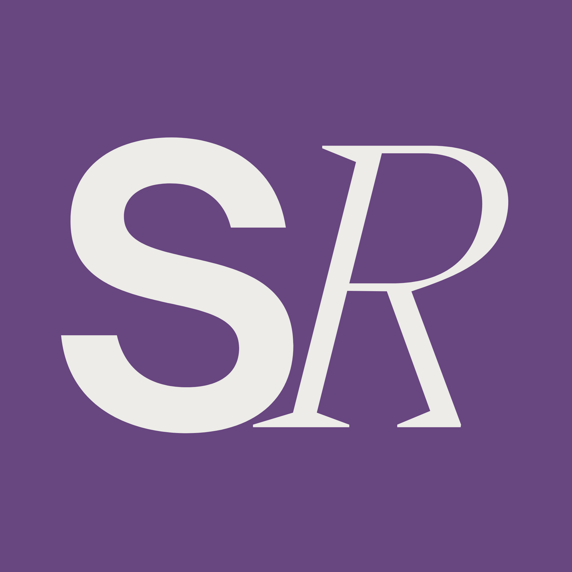Witte letters "SR" op een paarse achtegrond
